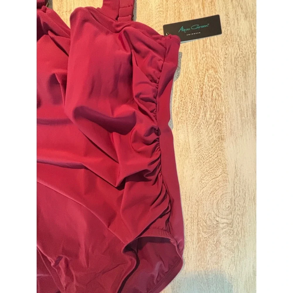 Aqua Green One Piece Swimsuit Womens XL 16/18 Burgundy‎ Ruched asymmetrical